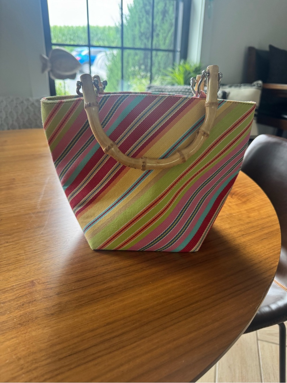 Talbots Multicolor Striped Tote with Bamboo Handles